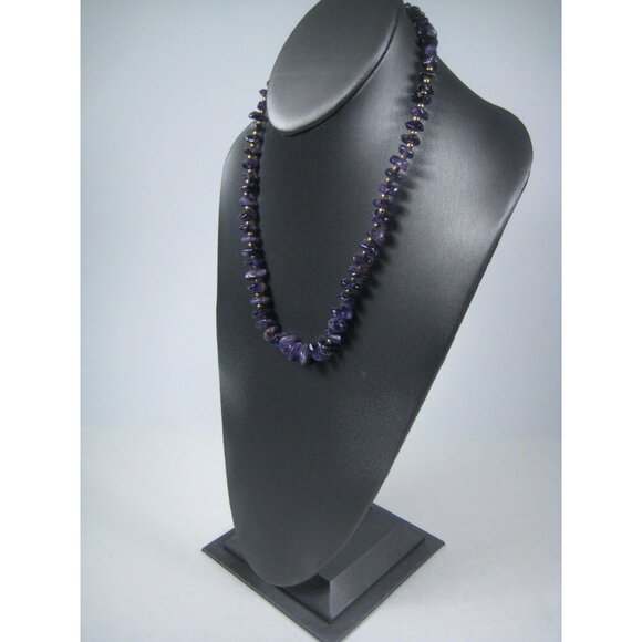 Amethyst Stone Chip Gold Beaded Necklace Purple Jewelry 21 Inch Boho Chic Style - Picture 6 of 9